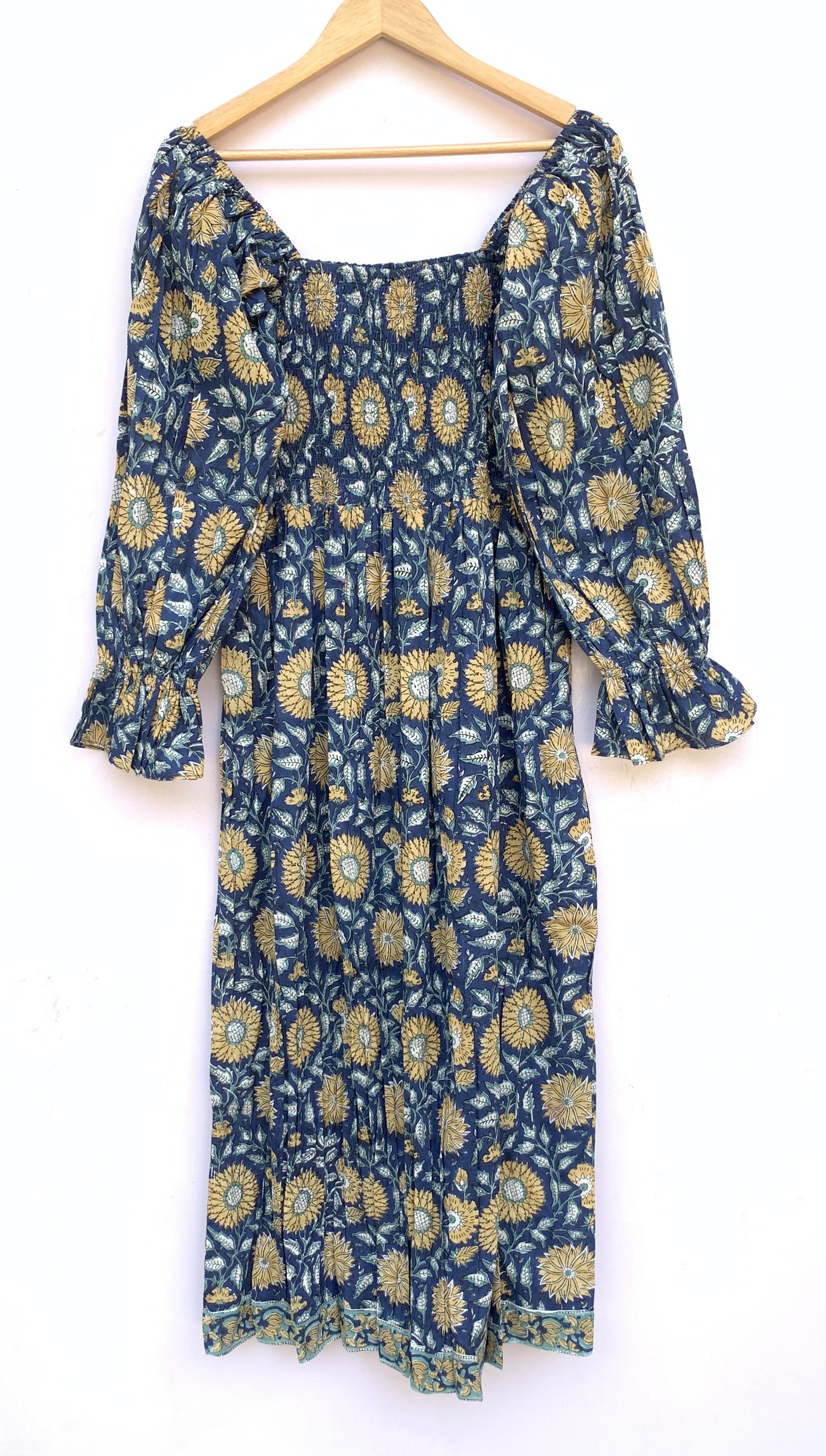 blue-yellow block printed branded women's maxi dress