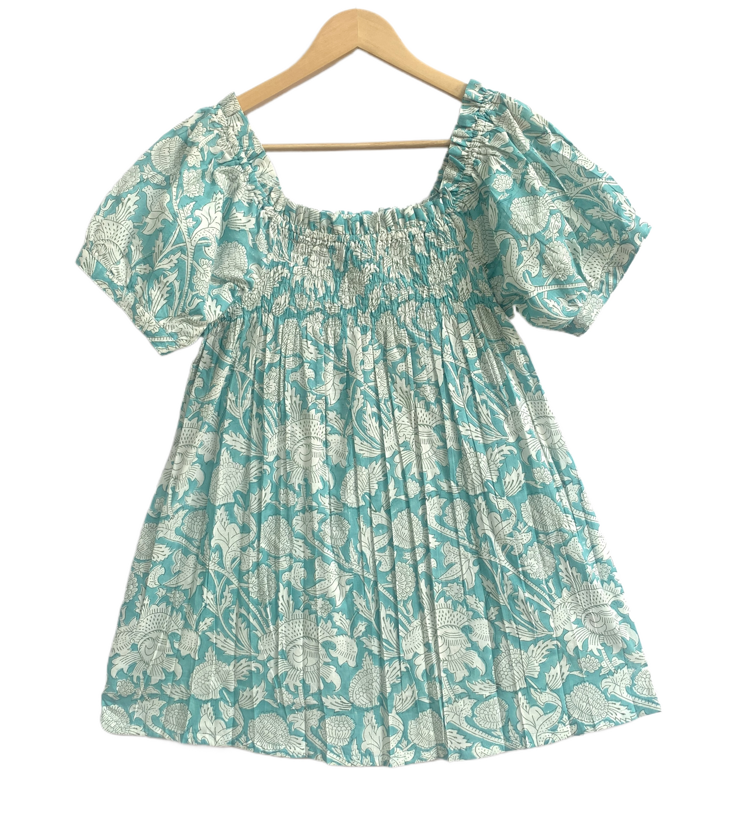 Boho Cotton Lounge Set for Women, Blue Floral Pajama Set, Smocked Babydoll Top and Drawstring Pants