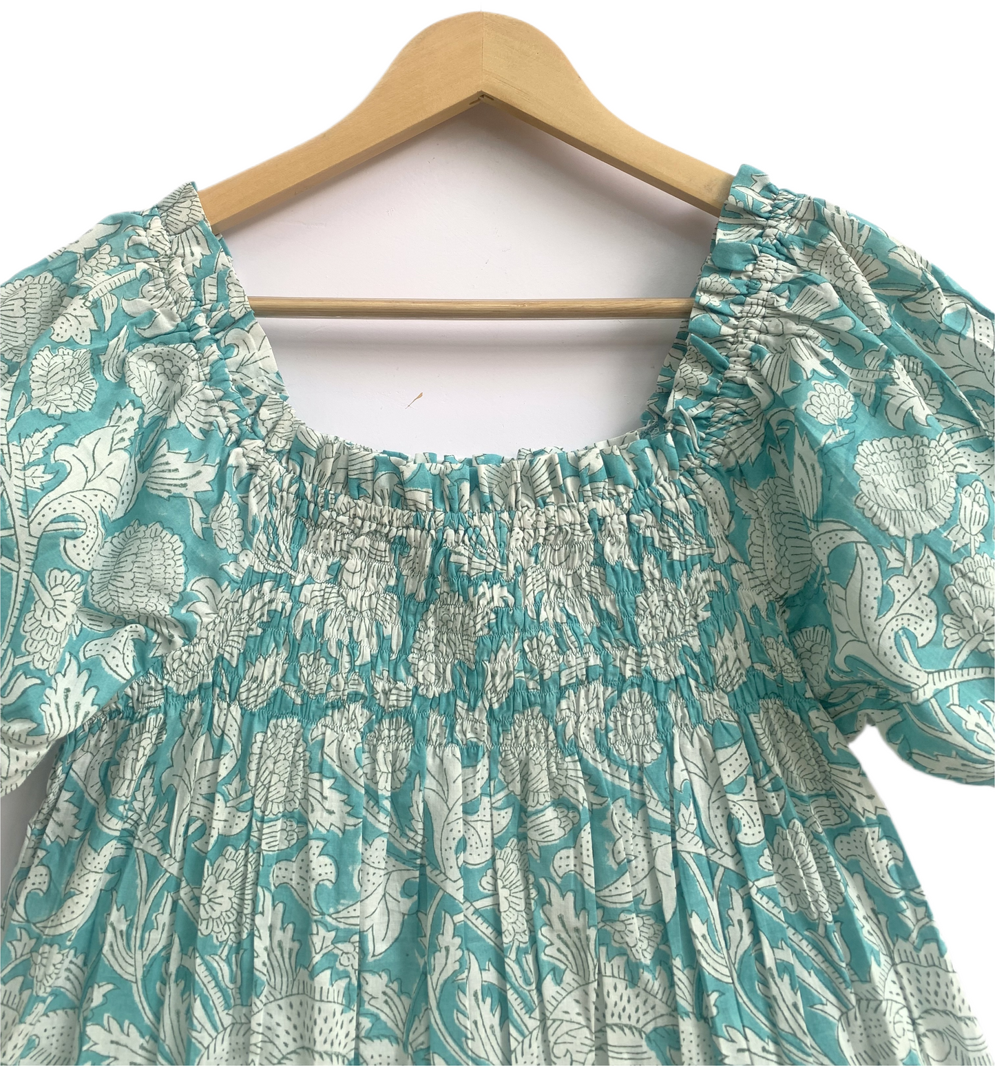 Boho Cotton Lounge Set for Women, Blue Floral Pajama Set, Smocked Babydoll Top and Drawstring Pants