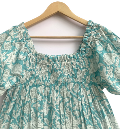Boho Cotton Lounge Set for Women, Blue Floral Pajama Set, Smocked Babydoll Top and Drawstring Pants