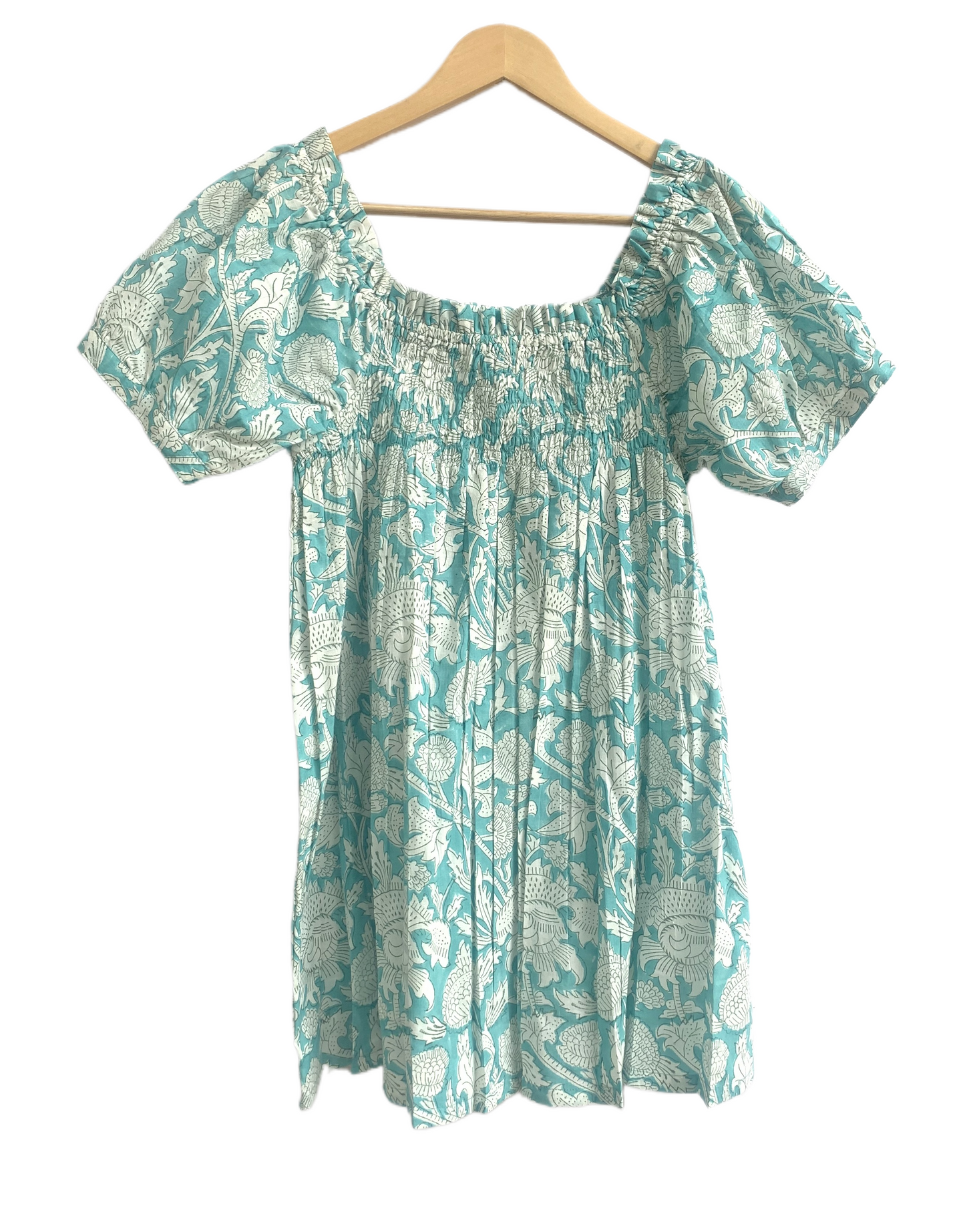 Boho Cotton Lounge Set for Women, Blue Floral Pajama Set, Smocked Babydoll Top and Drawstring Pants
