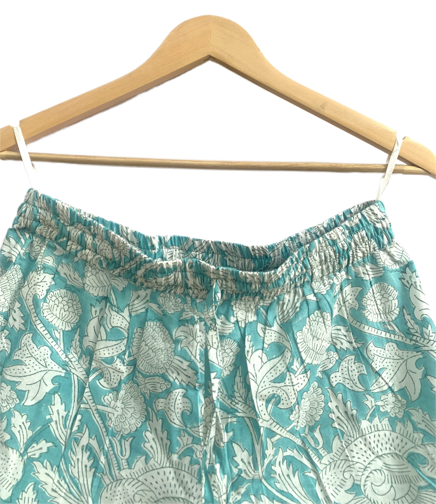 Boho Cotton Lounge Set for Women, Blue Floral Pajama Set, Smocked Babydoll Top and Drawstring Pants
