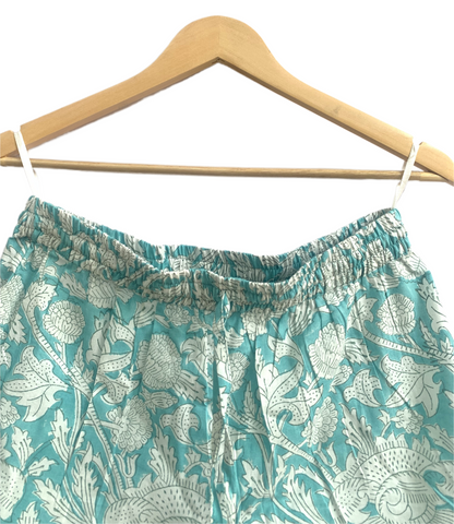 Boho Cotton Lounge Set for Women, Blue Floral Pajama Set, Smocked Babydoll Top and Drawstring Pants
