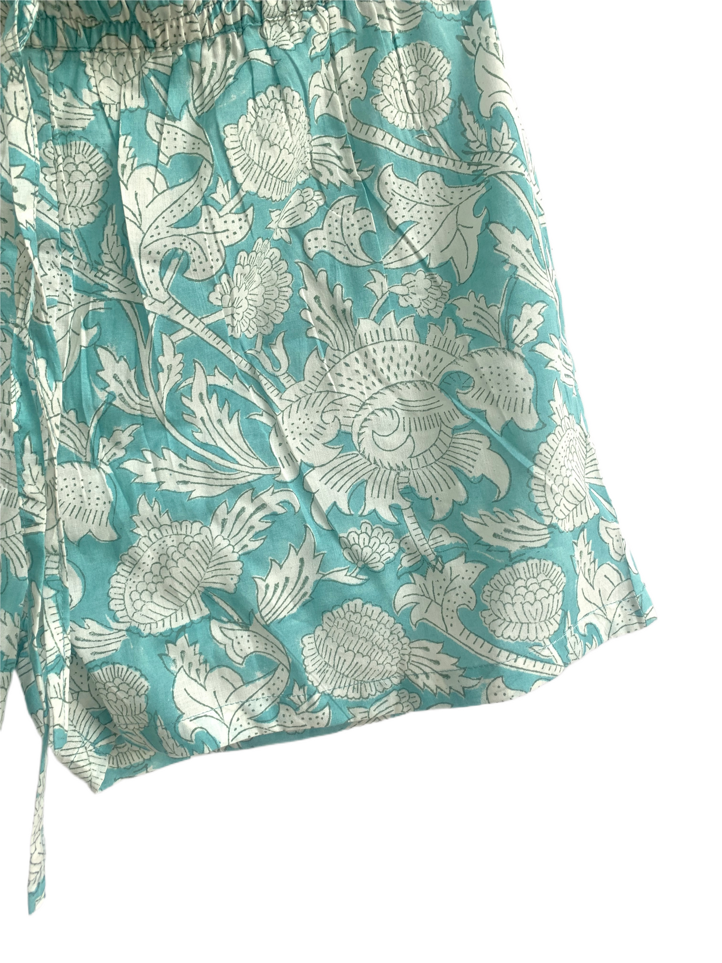 Boho Cotton Lounge Set for Women, Blue Floral Pajama Set, Smocked Babydoll Top and Drawstring Pants