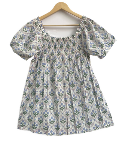 Blue Floral Cotton Pajama Set for Women, Smocked Puff Sleeve Top & Shorts