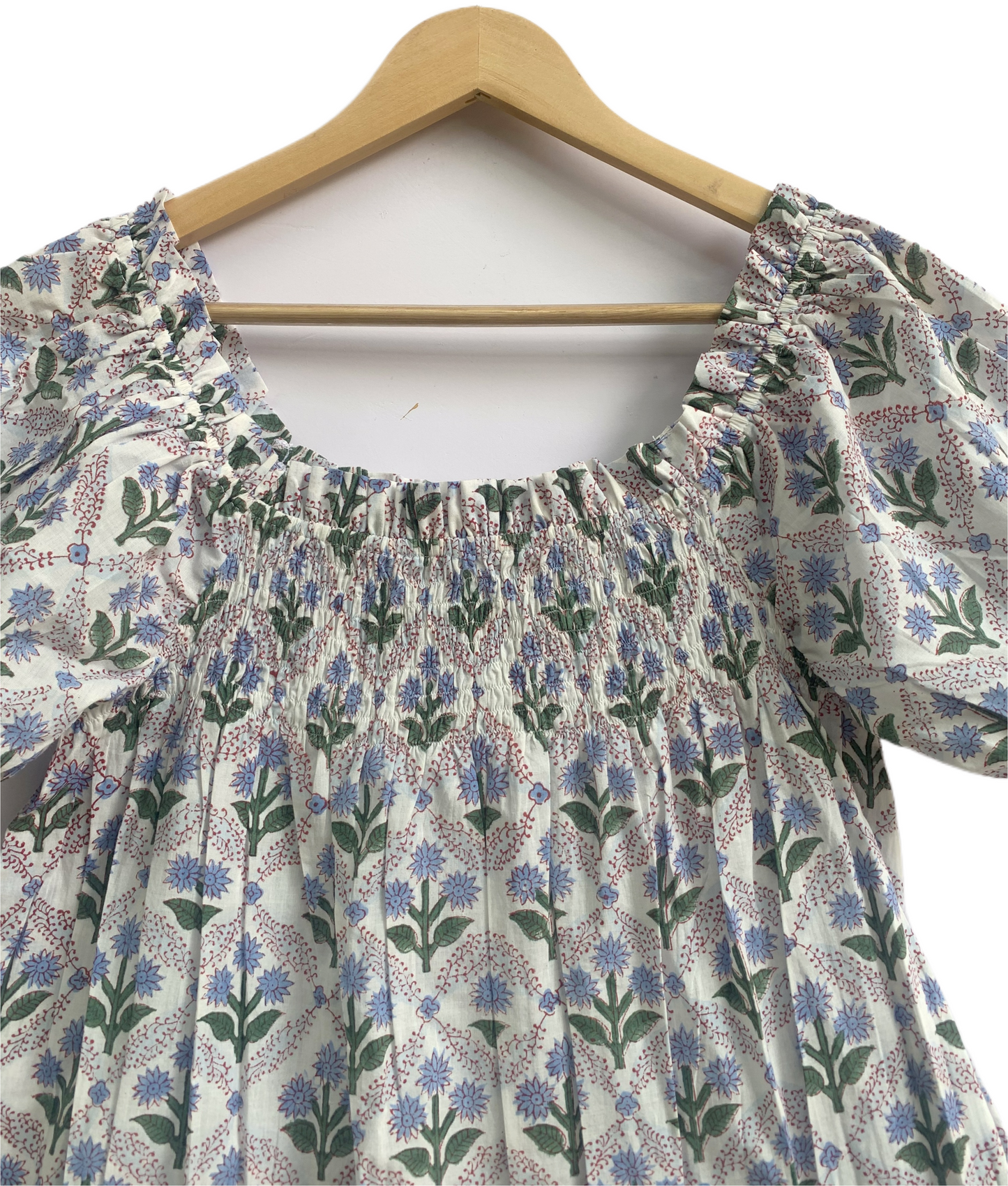 Blue Floral Cotton Pajama Set for Women, Smocked Puff Sleeve Top & Shorts
