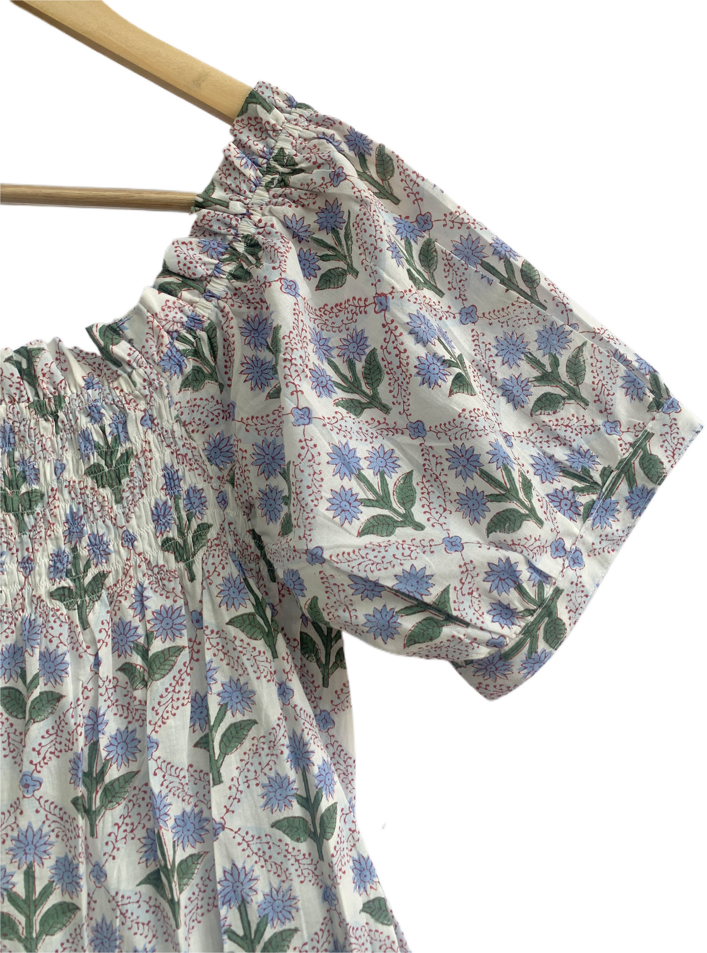 Blue Floral Cotton Pajama Set for Women, Smocked Puff Sleeve Top & Shorts