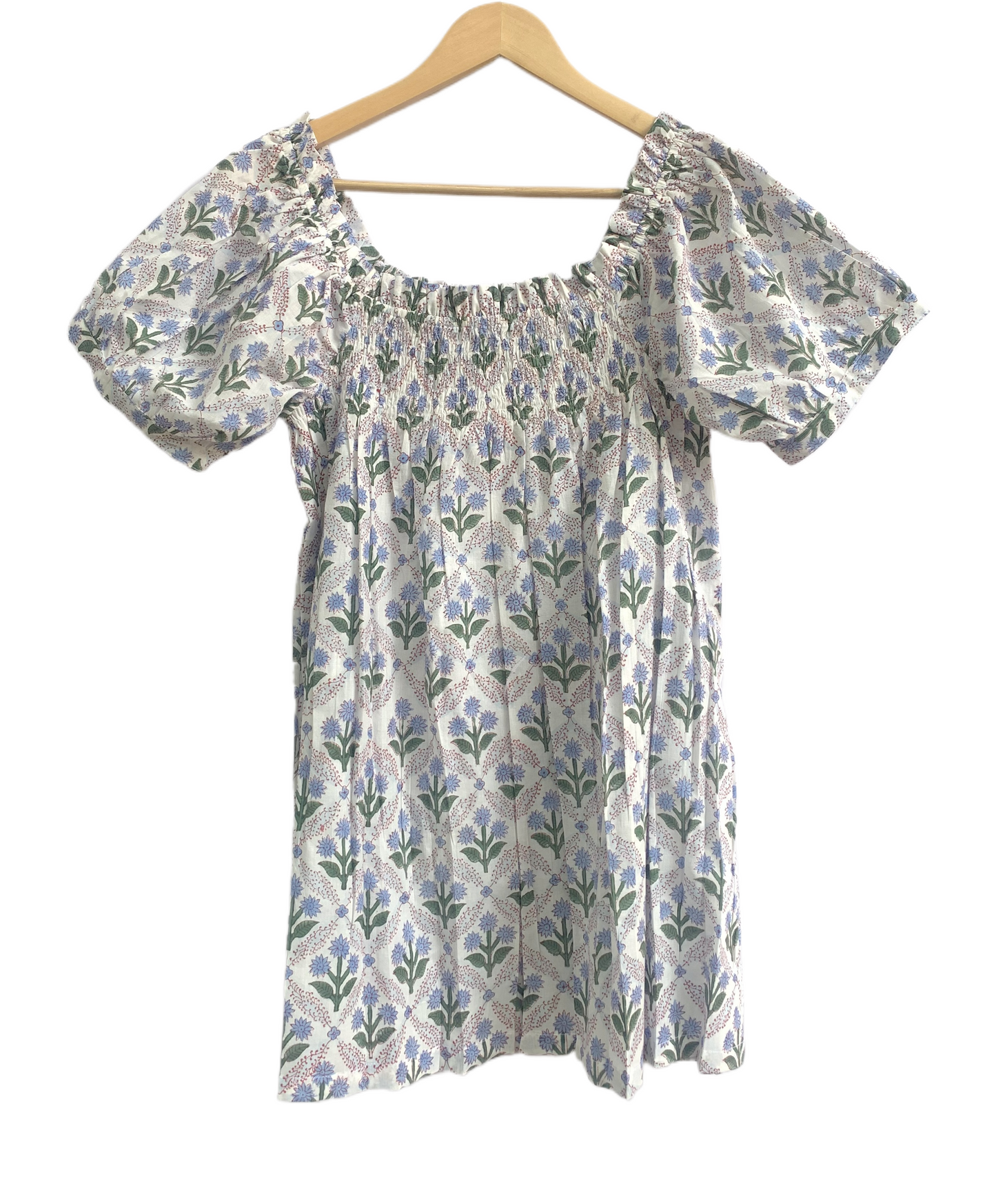 Blue Floral Cotton Pajama Set for Women, Smocked Puff Sleeve Top & Shorts