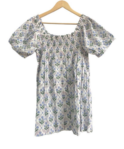 Blue Floral Cotton Pajama Set for Women, Smocked Puff Sleeve Top & Shorts
