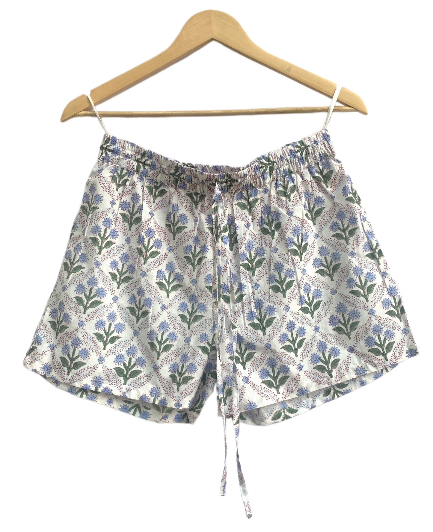 Blue Floral Cotton Pajama Set for Women, Smocked Puff Sleeve Top & Shorts