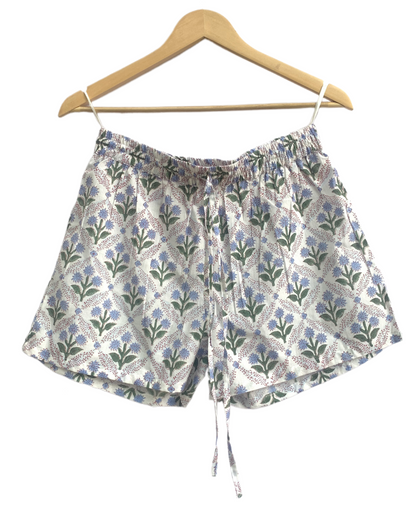 Blue Floral Cotton Pajama Set for Women, Smocked Puff Sleeve Top & Shorts