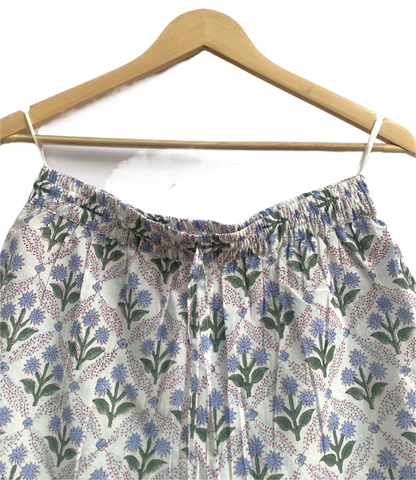 Blue Floral Cotton Pajama Set for Women, Smocked Puff Sleeve Top & Shorts