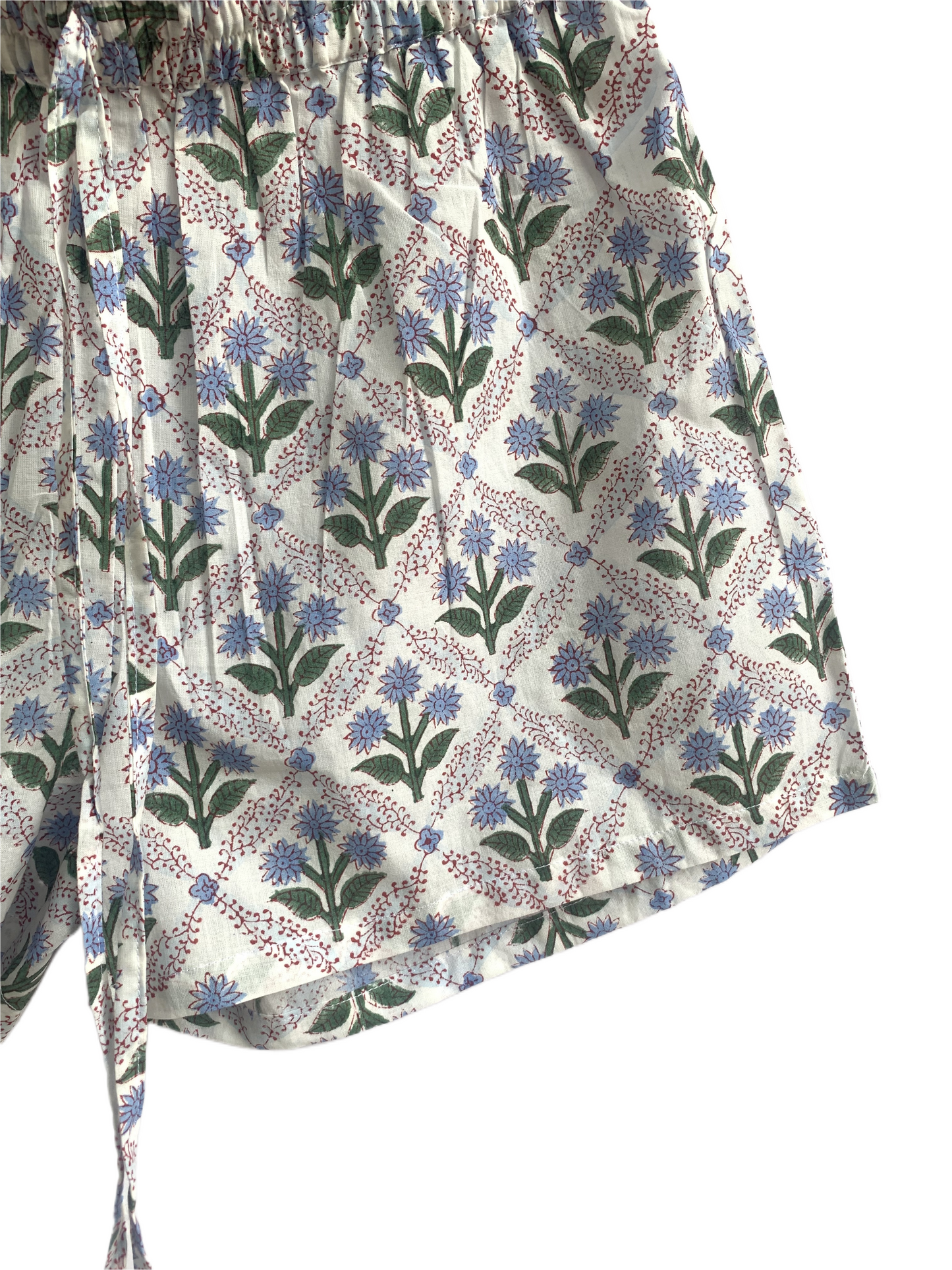 Blue Floral Cotton Pajama Set for Women, Smocked Puff Sleeve Top & Shorts