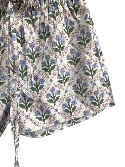 Blue Floral Cotton Pajama Set for Women, Smocked Puff Sleeve Top & Shorts
