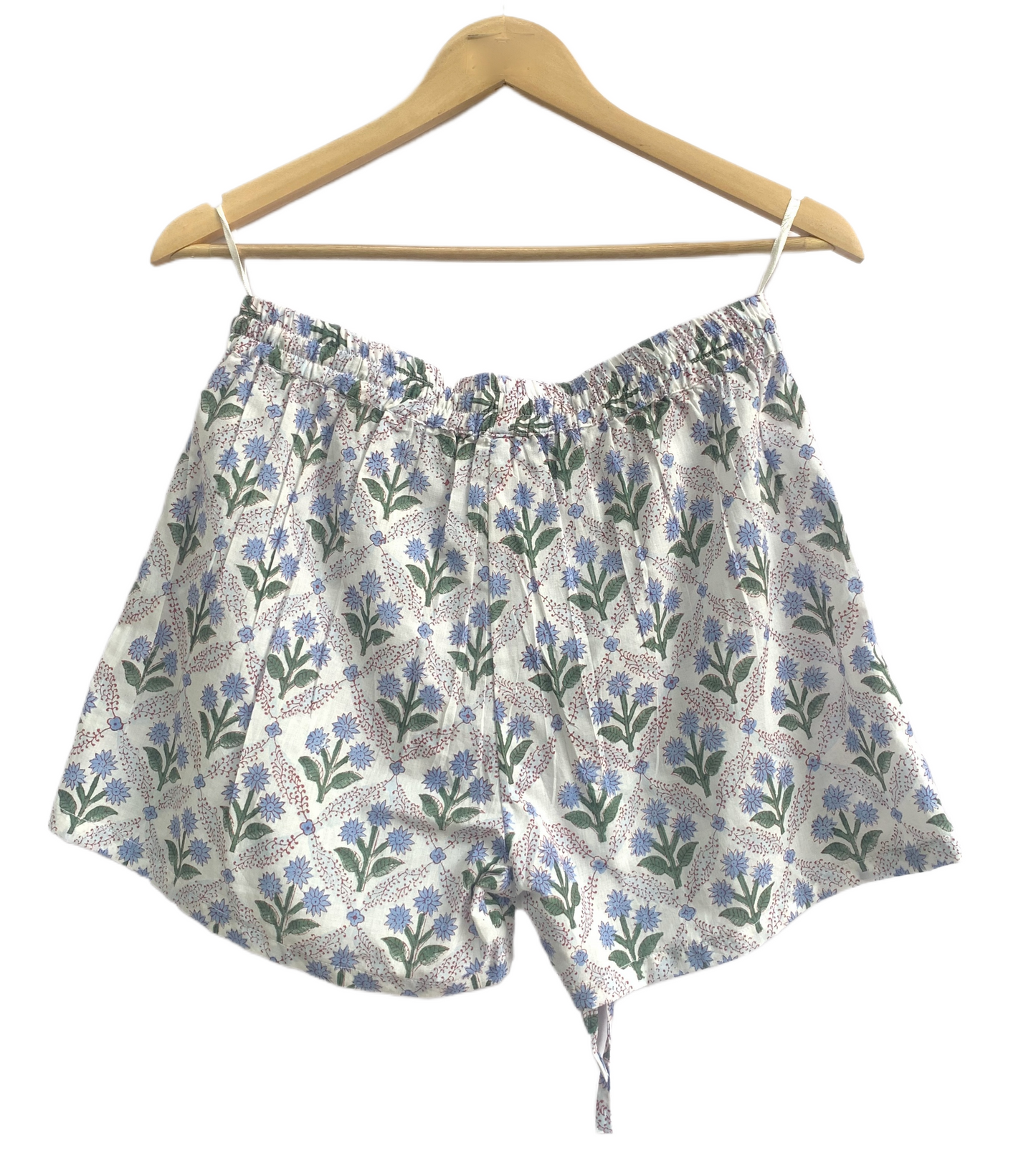 Blue Floral Cotton Pajama Set for Women, Smocked Puff Sleeve Top & Shorts