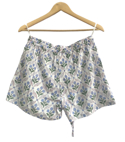 Blue Floral Cotton Pajama Set for Women, Smocked Puff Sleeve Top & Shorts