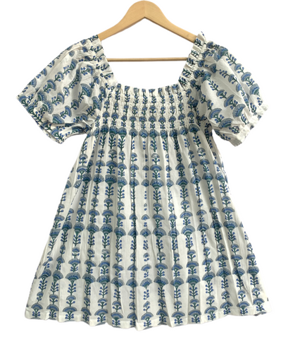 Blue Cotton Co-Ord Set for Women, Puff Sleeve Smocked Top and Elastic Waist Shorts