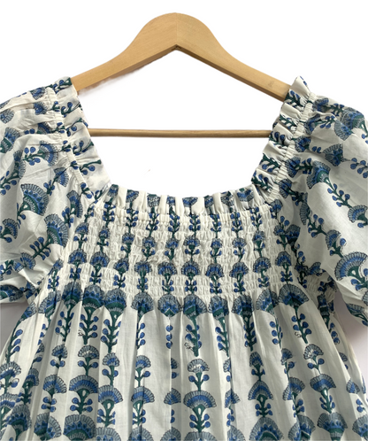 Blue Cotton Co-Ord Set for Women, Puff Sleeve Smocked Top and Elastic Waist Shorts