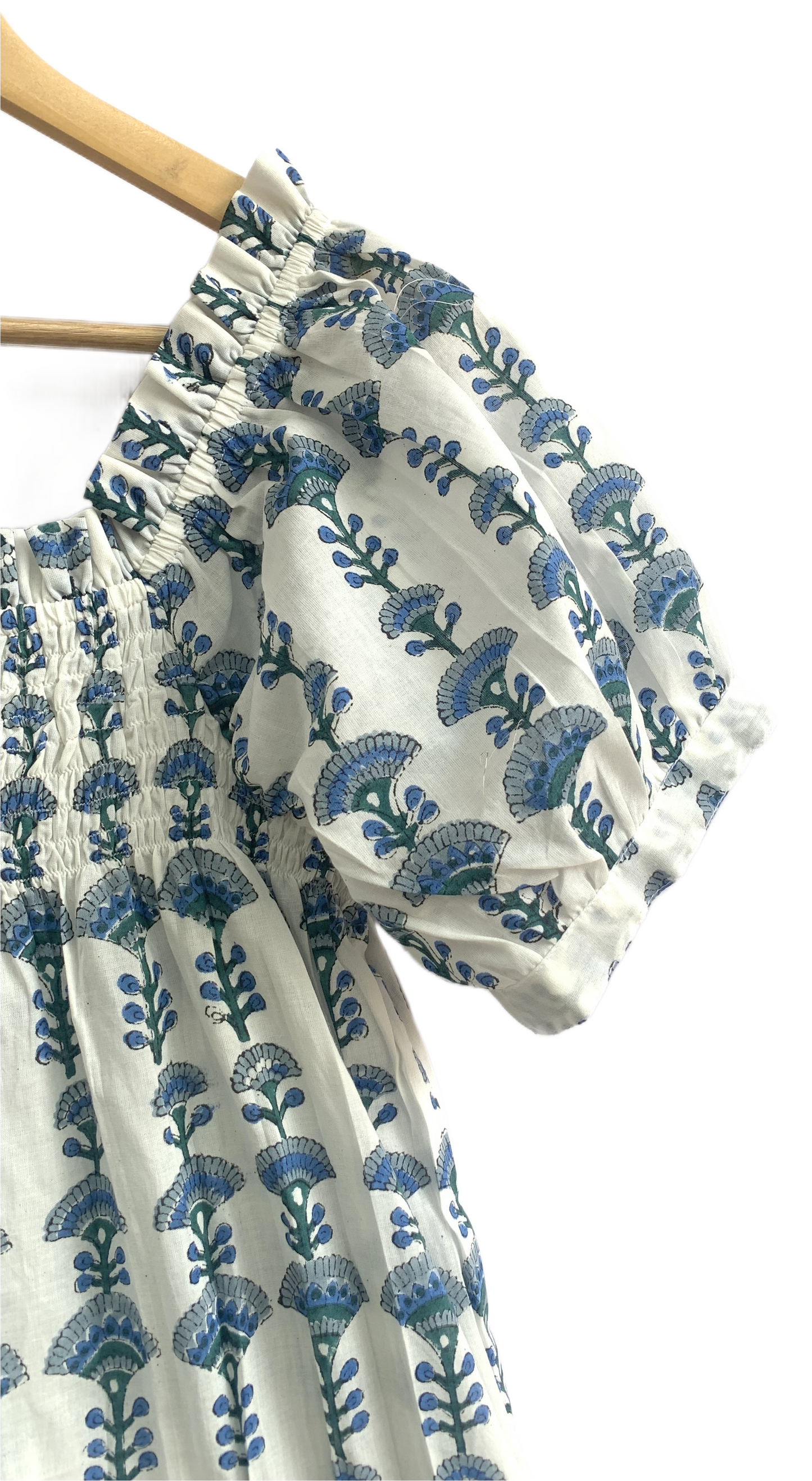 Blue Cotton Co-Ord Set for Women, Puff Sleeve Smocked Top and Elastic Waist Shorts