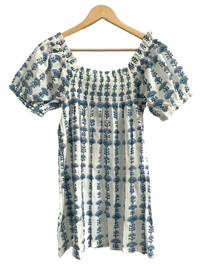 Blue Cotton Co-Ord Set for Women, Puff Sleeve Smocked Top and Elastic Waist Shorts