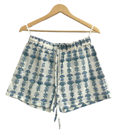 Blue Cotton Co-Ord Set for Women, Puff Sleeve Smocked Top and Elastic Waist Shorts