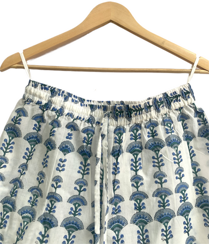 Blue Cotton Co-Ord Set for Women, Puff Sleeve Smocked Top and Elastic Waist Shorts