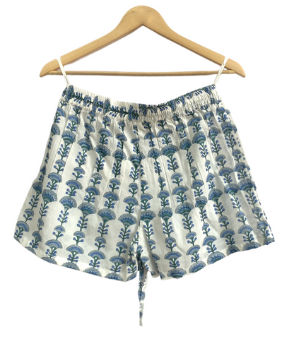 Blue Cotton Co-Ord Set for Women, Puff Sleeve Smocked Top and Elastic Waist Shorts
