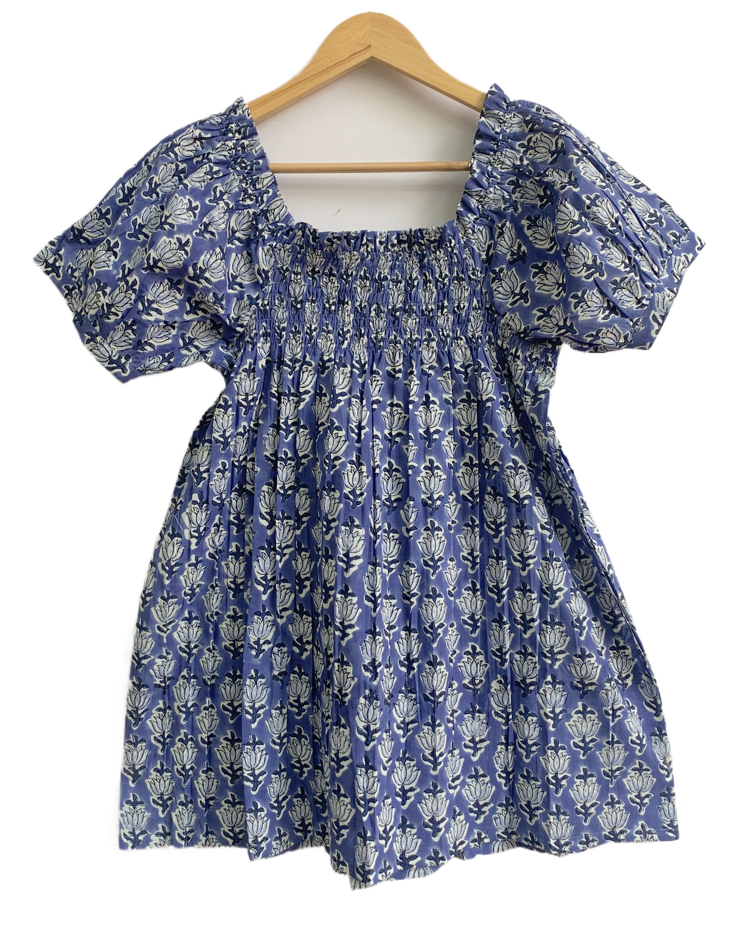 Blue Block Print Cotton Pajama Set | Smocked Puff Sleeve Top, Lounge Shorts