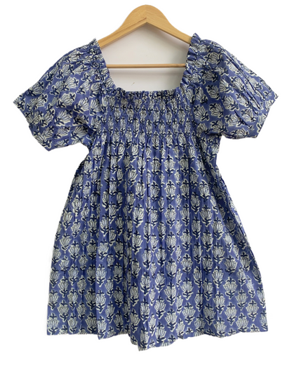 Blue Block Print Cotton Pajama Set | Smocked Puff Sleeve Top, Lounge Shorts