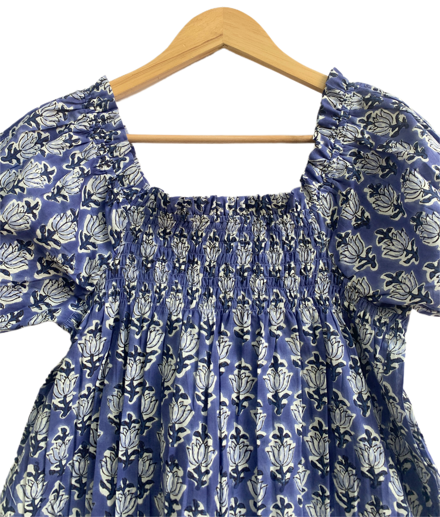 Blue Block Print Cotton Pajama Set | Smocked Puff Sleeve Top, Lounge Shorts