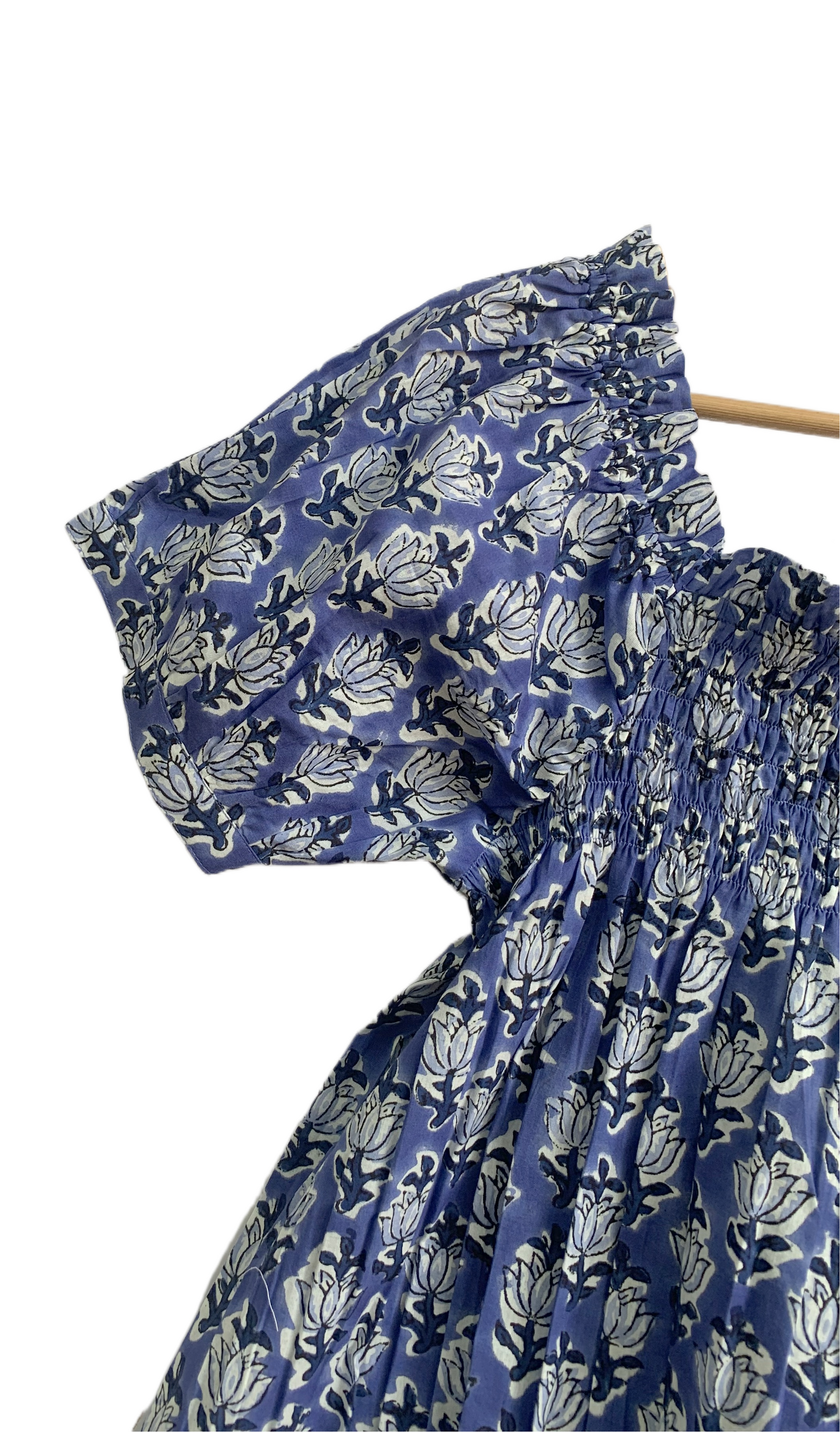 Blue Block Print Cotton Pajama Set | Smocked Puff Sleeve Top, Lounge Shorts