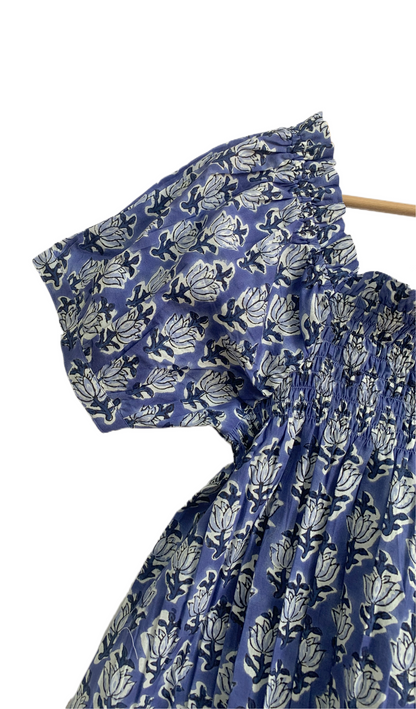 Blue Block Print Cotton Pajama Set | Smocked Puff Sleeve Top, Lounge Shorts