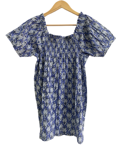 Blue Block Print Cotton Pajama Set | Smocked Puff Sleeve Top, Lounge Shorts