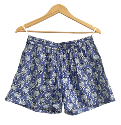 Blue Block Print Cotton Pajama Set | Smocked Puff Sleeve Top, Lounge Shorts
