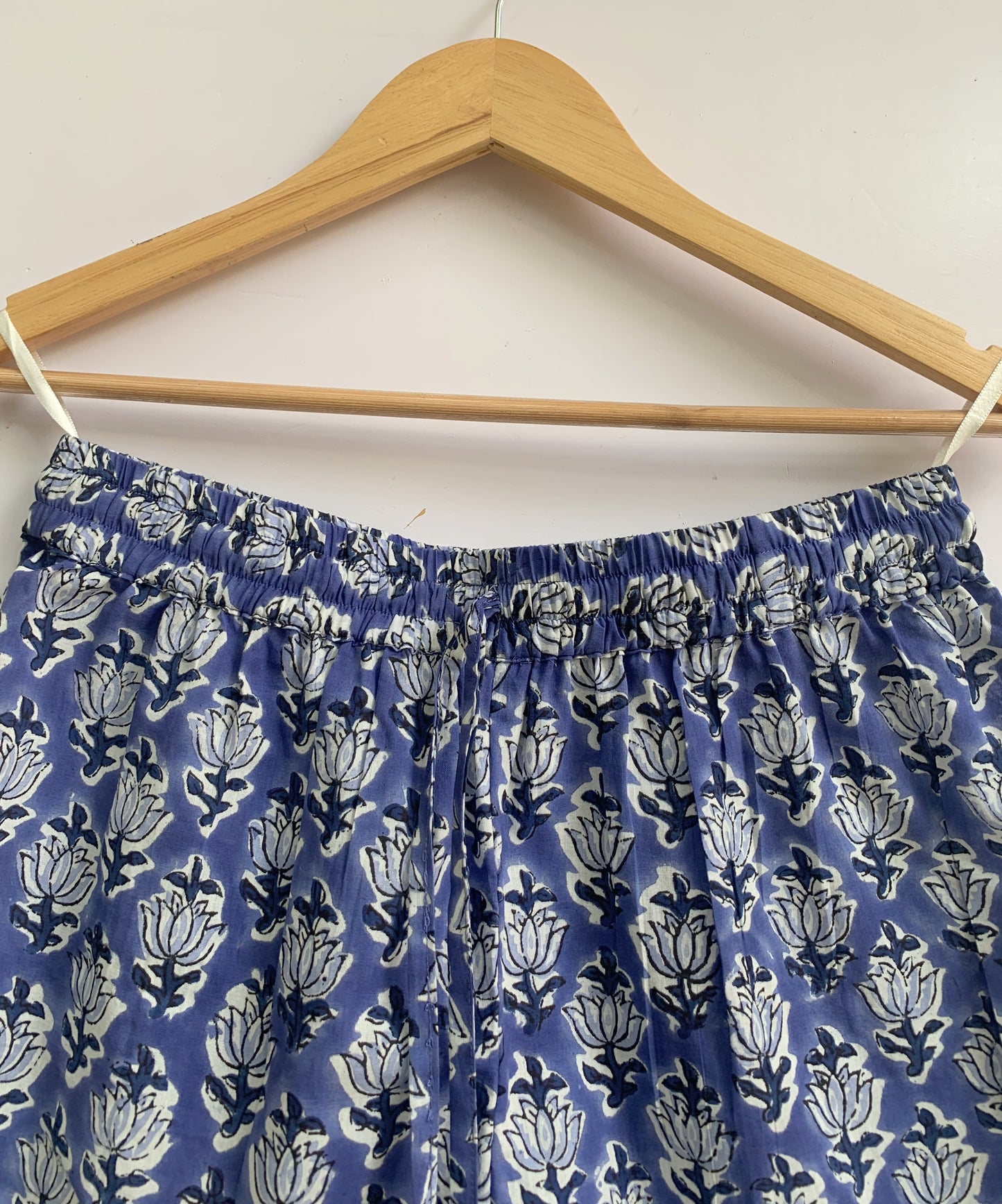 Blue Block Print Cotton Pajama Set | Smocked Puff Sleeve Top, Lounge Shorts