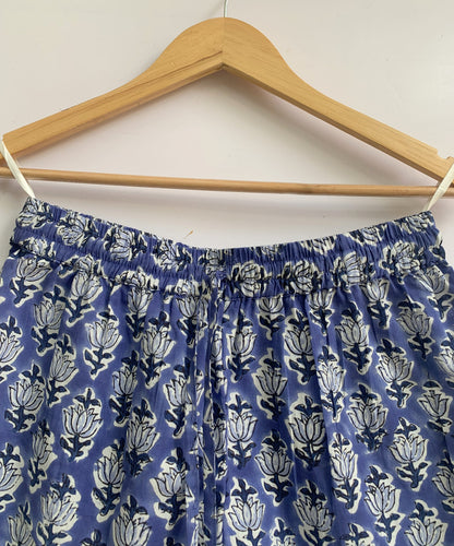 Blue Block Print Cotton Pajama Set | Smocked Puff Sleeve Top, Lounge Shorts