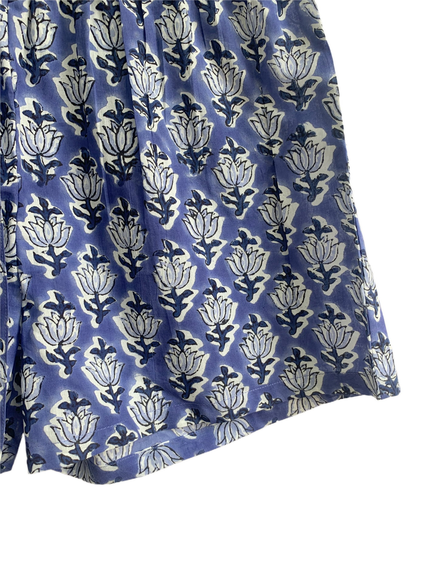 Blue Block Print Cotton Pajama Set | Smocked Puff Sleeve Top, Lounge Shorts