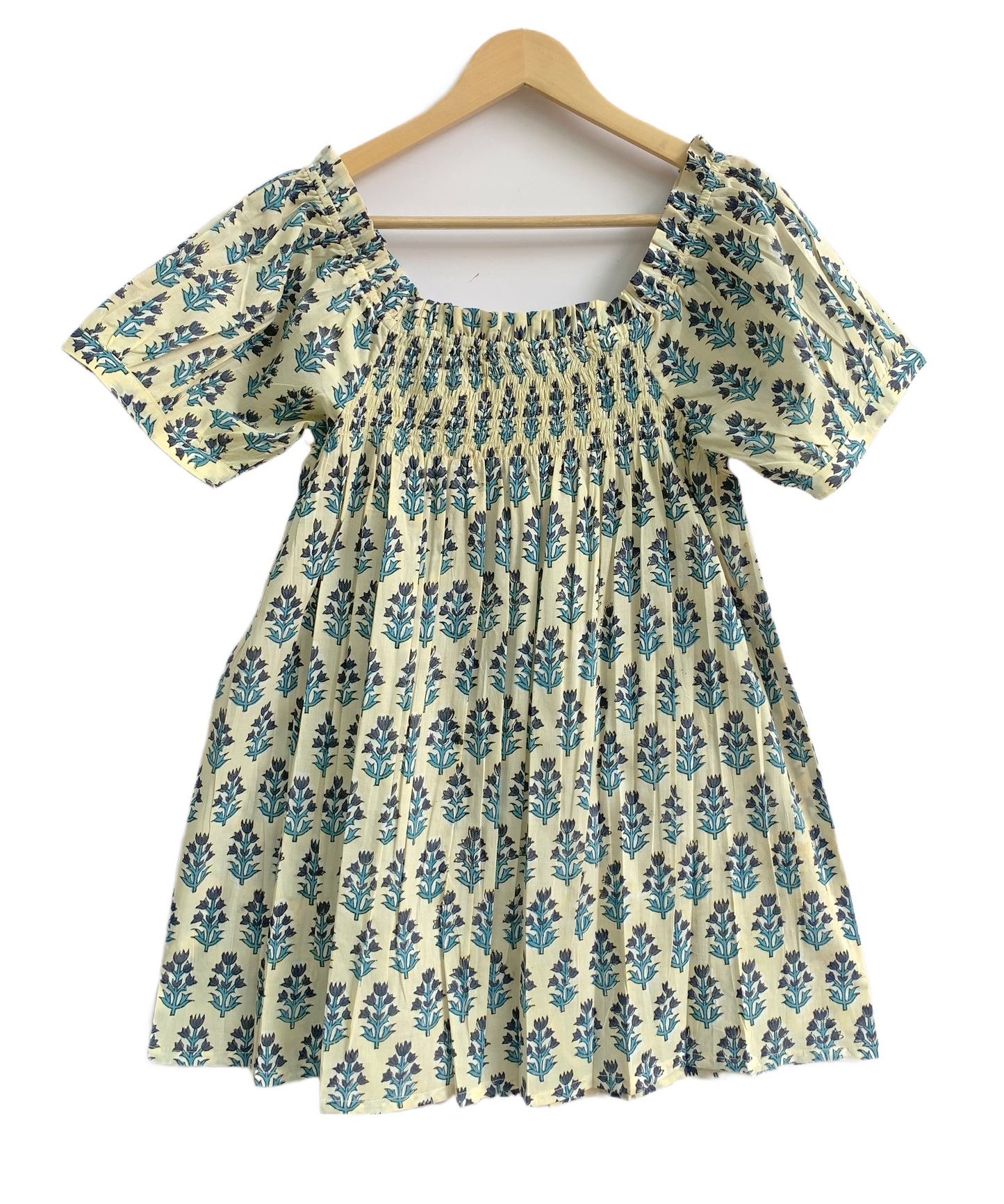 Blue Botanical Pajama Co-Ord Set - Smocked Puff Sleeve Top & Relaxed Shorts