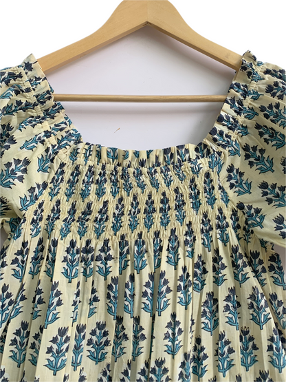 Blue Botanical Pajama Co-Ord Set - Smocked Puff Sleeve Top & Relaxed Shorts