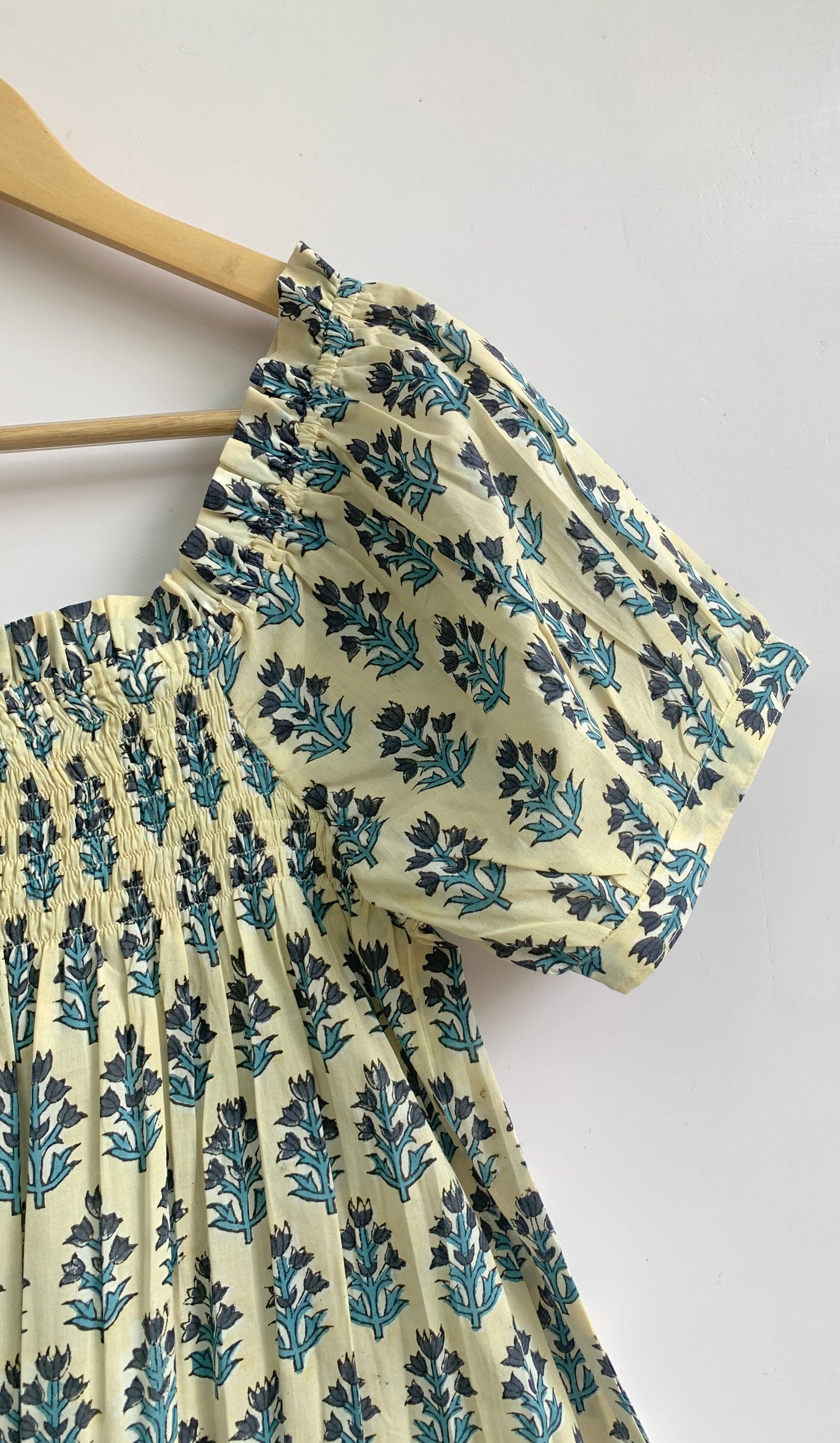 Blue Botanical Pajama Co-Ord Set - Smocked Puff Sleeve Top & Relaxed Shorts
