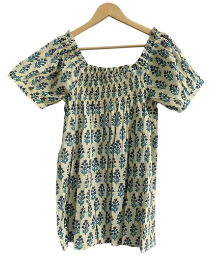 Blue Botanical Pajama Co-Ord Set - Smocked Puff Sleeve Top & Relaxed Shorts