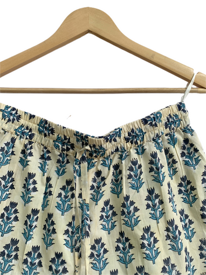 Blue Botanical Pajama Co-Ord Set - Smocked Puff Sleeve Top & Relaxed Shorts
