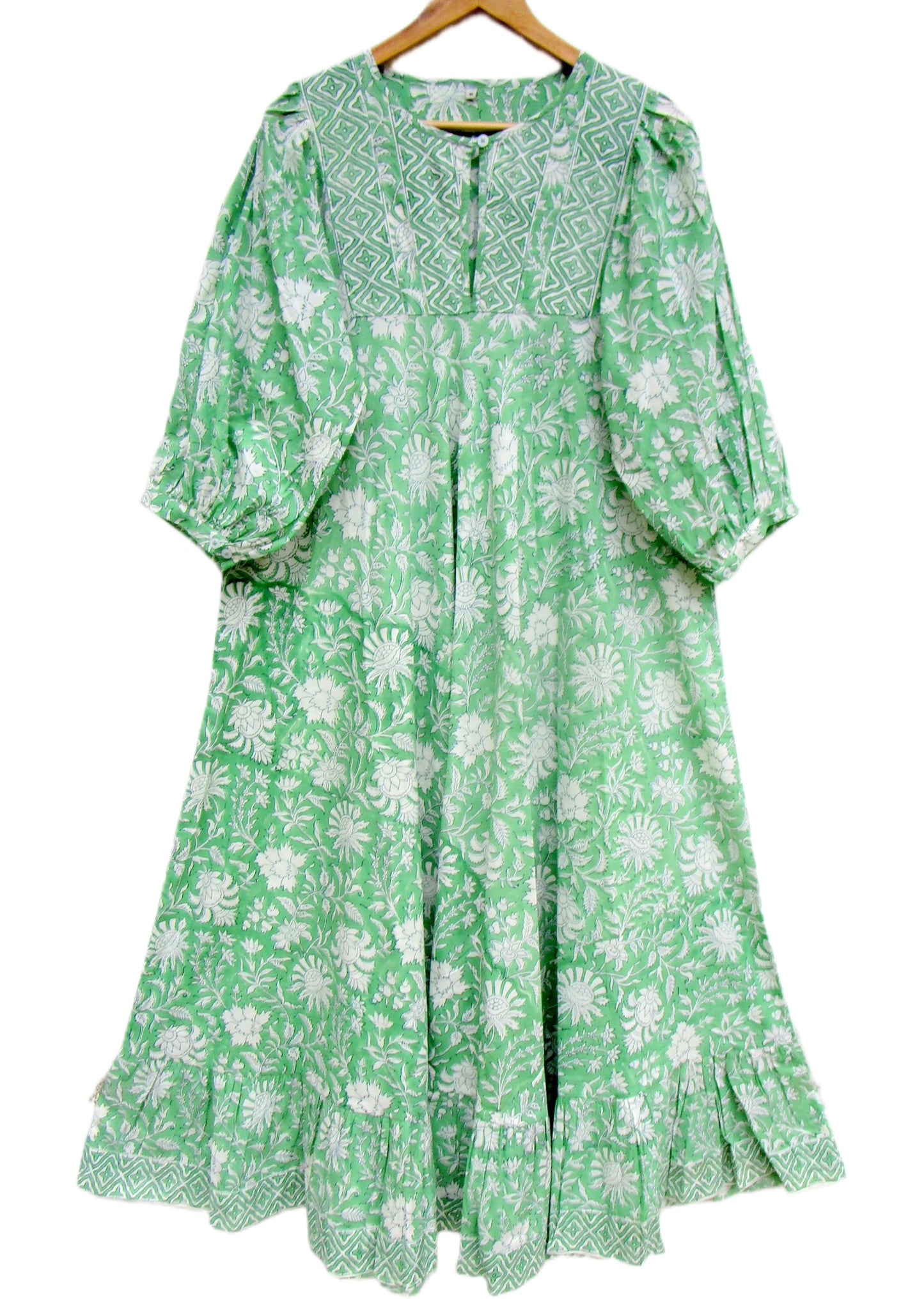 Mint Green Floral Hand Block Print Cotton Maxi Dress – Boho Tiered Summer Style