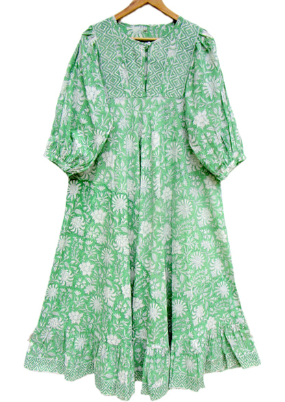 Mint Green Floral Hand Block Print Cotton Maxi Dress – Boho Tiered Summer Style