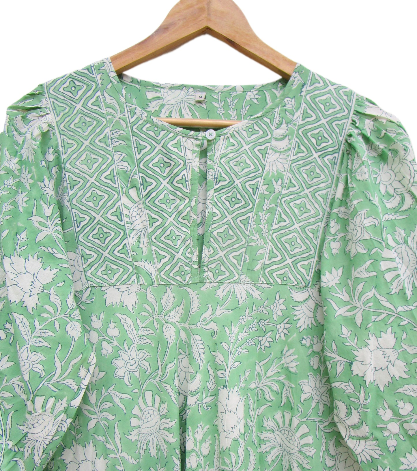 Mint Green Floral Hand Block Print Cotton Maxi Dress – Boho Tiered Summer Style