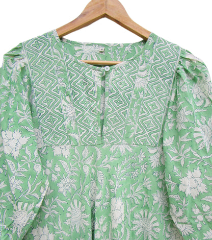 Mint Green Floral Hand Block Print Cotton Maxi Dress – Boho Tiered Summer Style