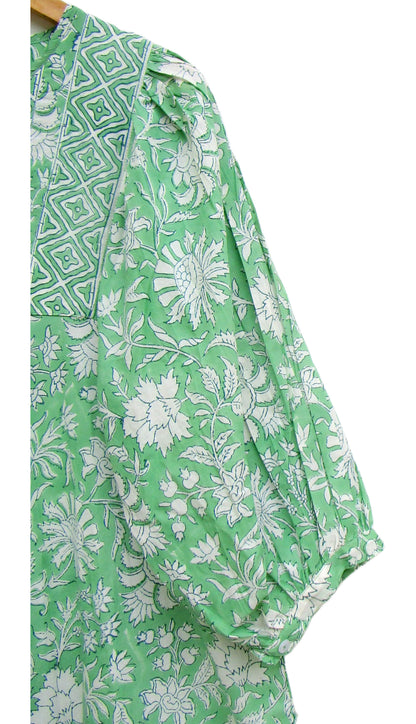 Mint Green Floral Hand Block Print Cotton Maxi Dress – Boho Tiered Summer Style