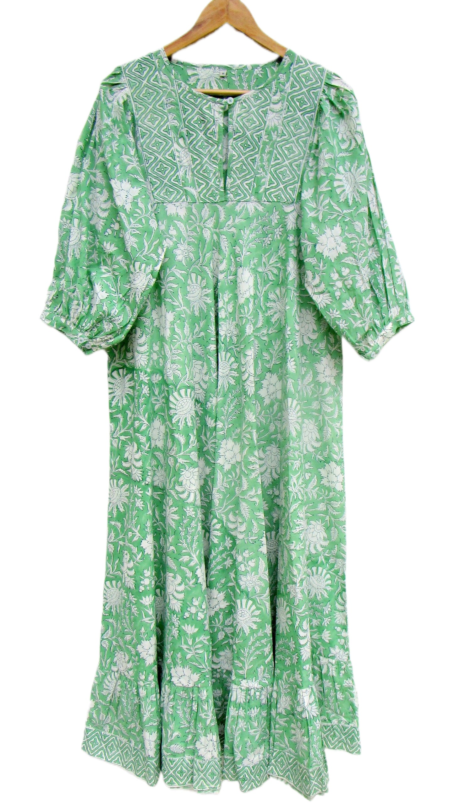 Mint Green Floral Hand Block Print Cotton Maxi Dress – Boho Tiered Summer Style