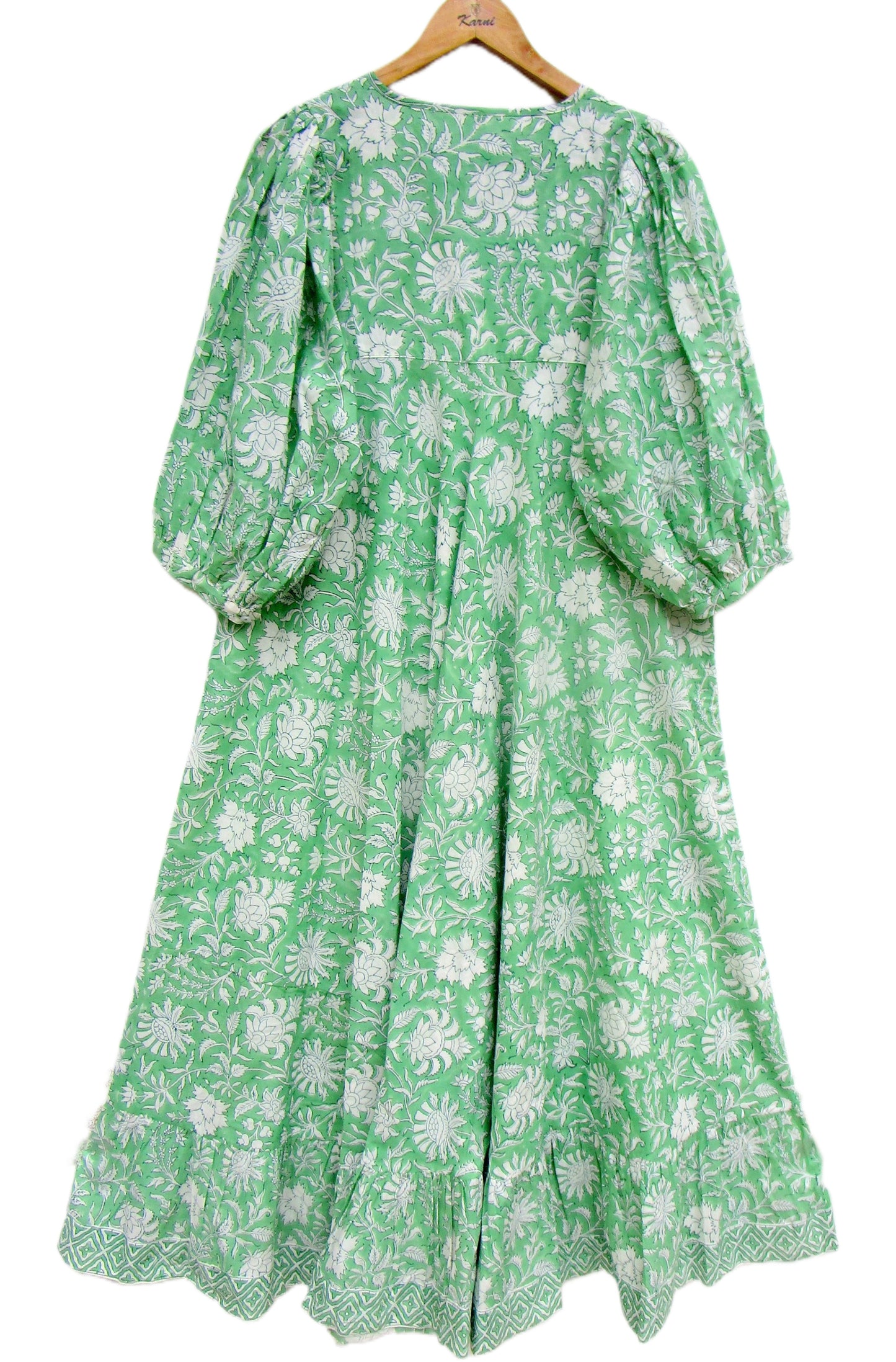 Mint Green Floral Hand Block Print Cotton Maxi Dress – Boho Tiered Summer Style