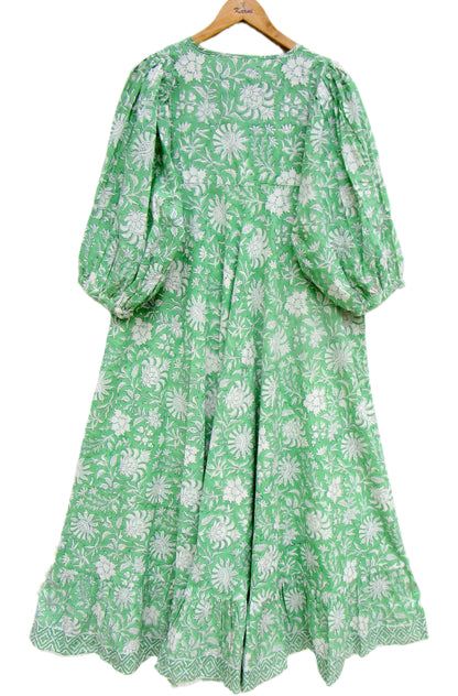 Mint Green Floral Hand Block Print Cotton Maxi Dress – Boho Tiered Summer Style